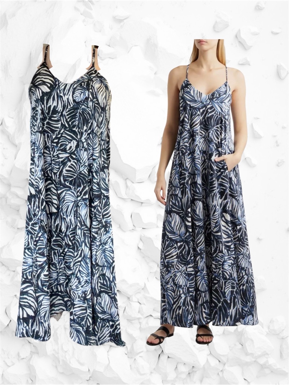 Tamari ASL 3X Palm Print Charmeuse Maxi Slipdress Navy & White